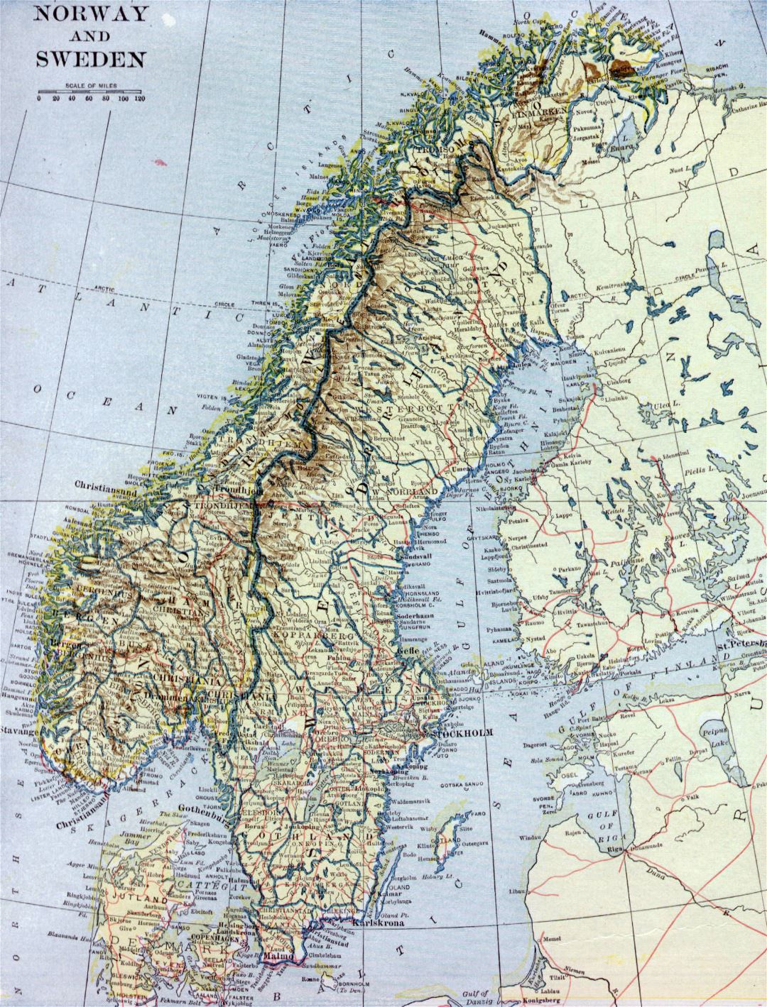 Большая старая карта Норвегии и Швеции с рельефом, дорогами и городами - 1922
