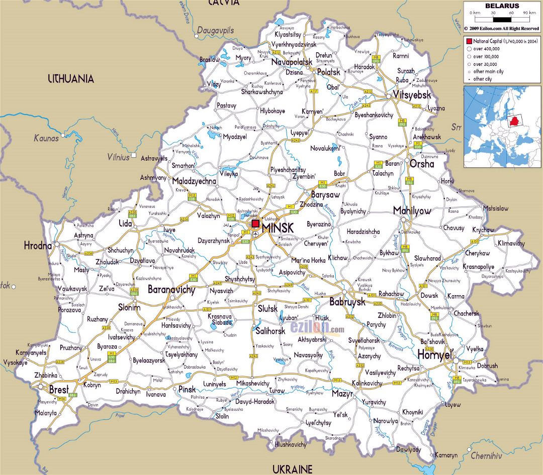 Большая карта автодорог Белоруссии с городами и аэропортами
