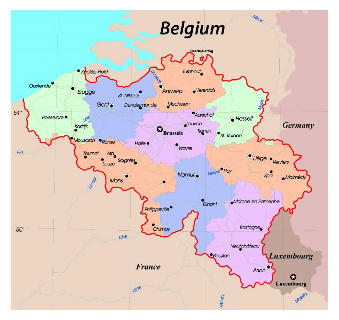 Детальная административная карта Бельгии с дорогами и крупными городами