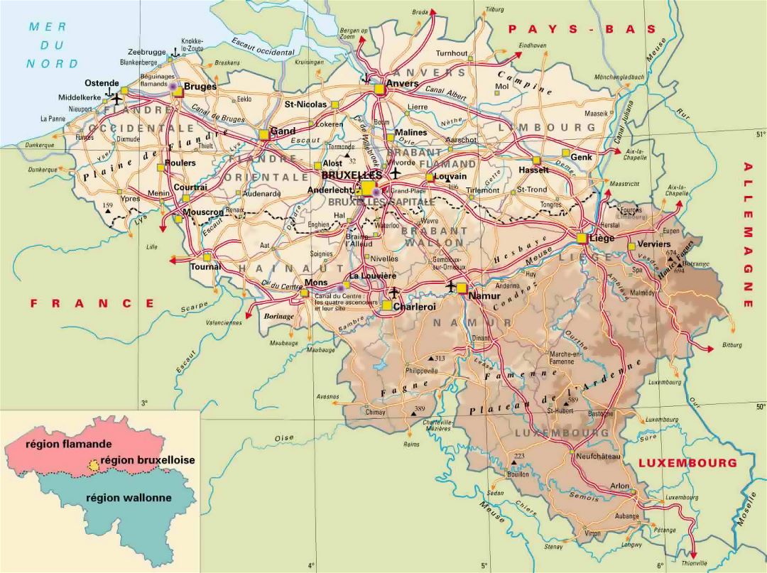 Подробная карта высот Бельгии с автомагистралями, городами и аэропортами
