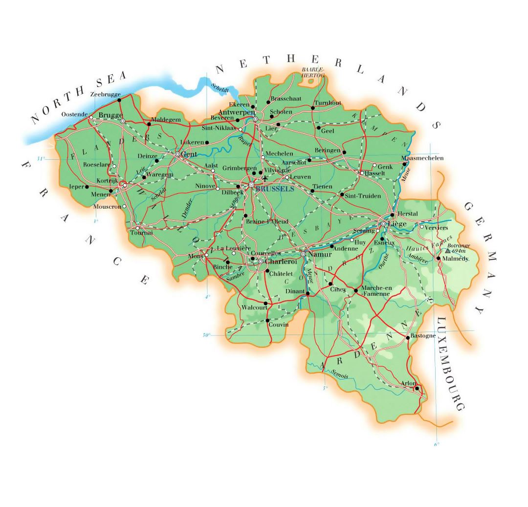 Детальная карта высот Бельгии с дорогами, городами и аэропортами