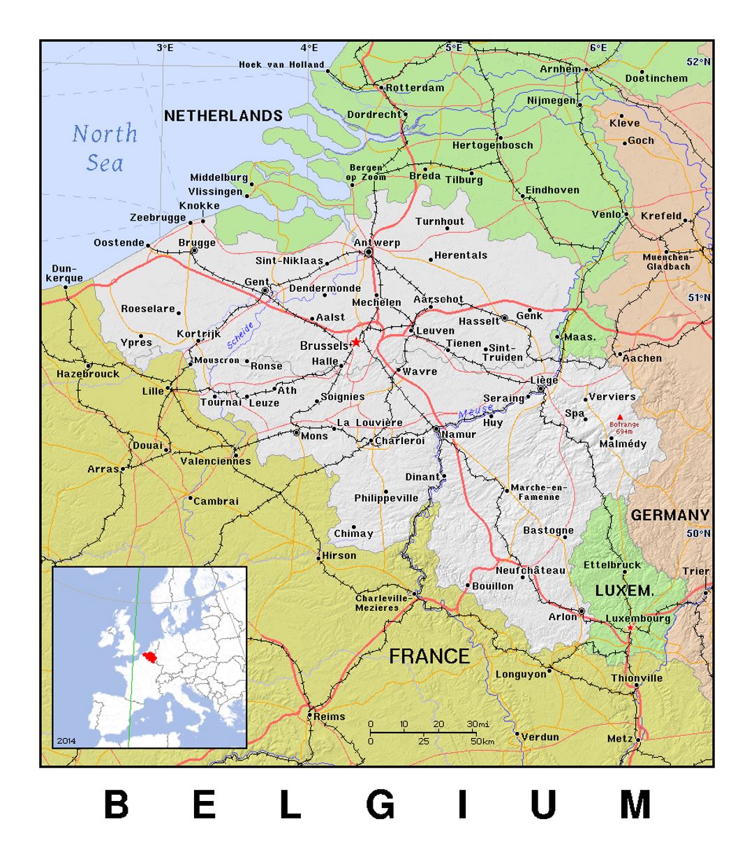 Детальная политическая карта Бельгии с рельефом