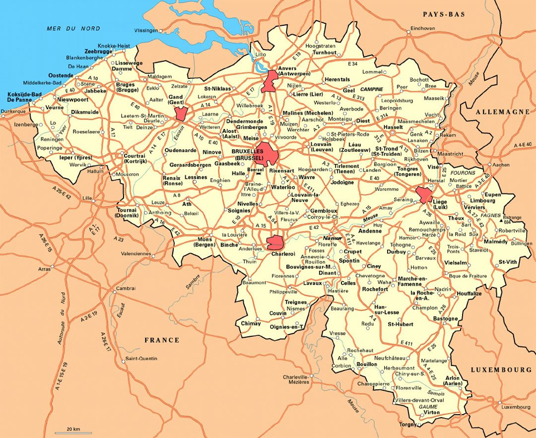 Подробная карта автомобильных дорог Бельгии
