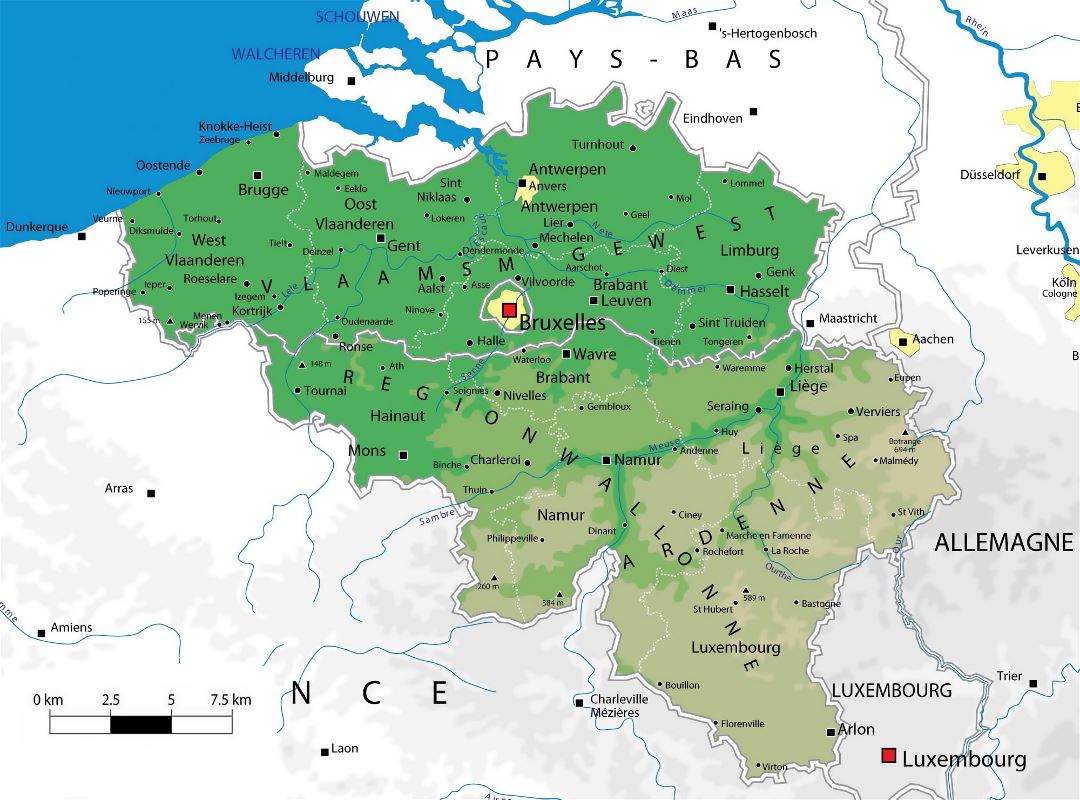 Большая детальная карта высот Бельгии с административным делением и крупными городами