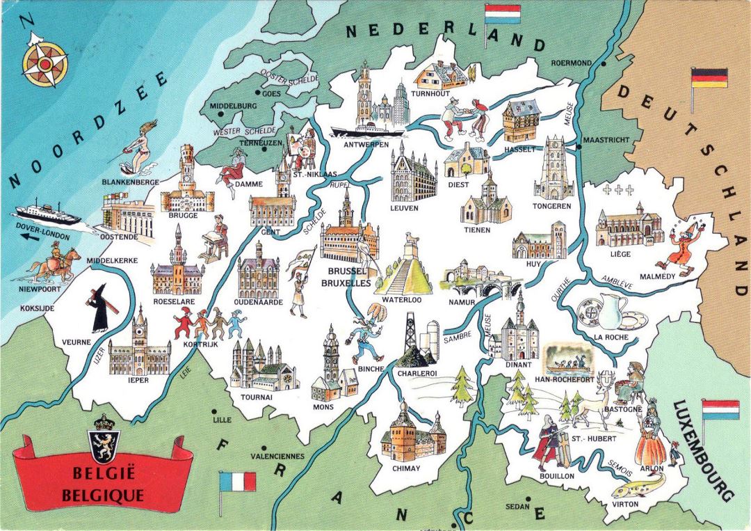 Большая подробная иллюстрированная туристическая карта Бельгии