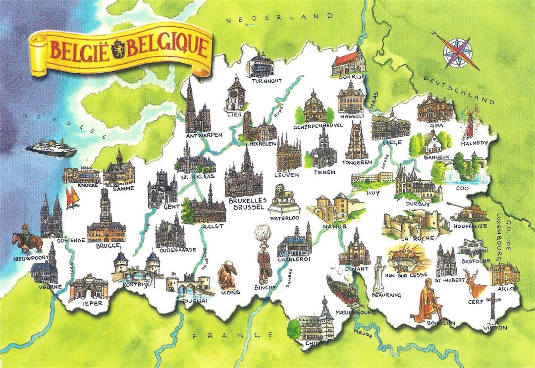 Большая детальная иллюстрированная карта туристических объектов Бельгии