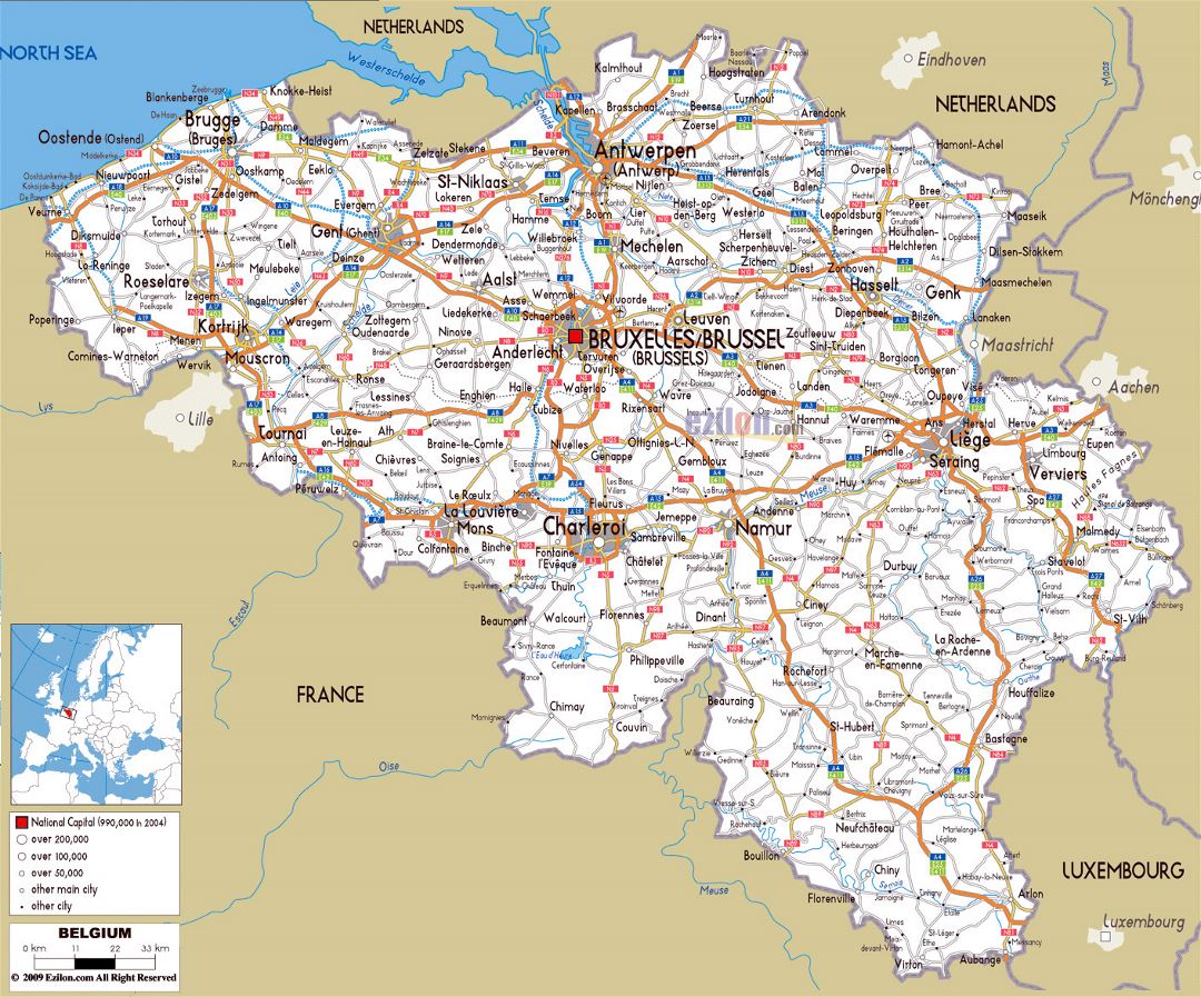 Большая карта автомобильных дорог Бельгии с городами и аэропортами