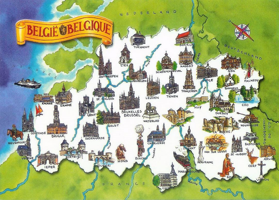 Большая иллюстрированная карта туристических достопримечательностей Бельгии