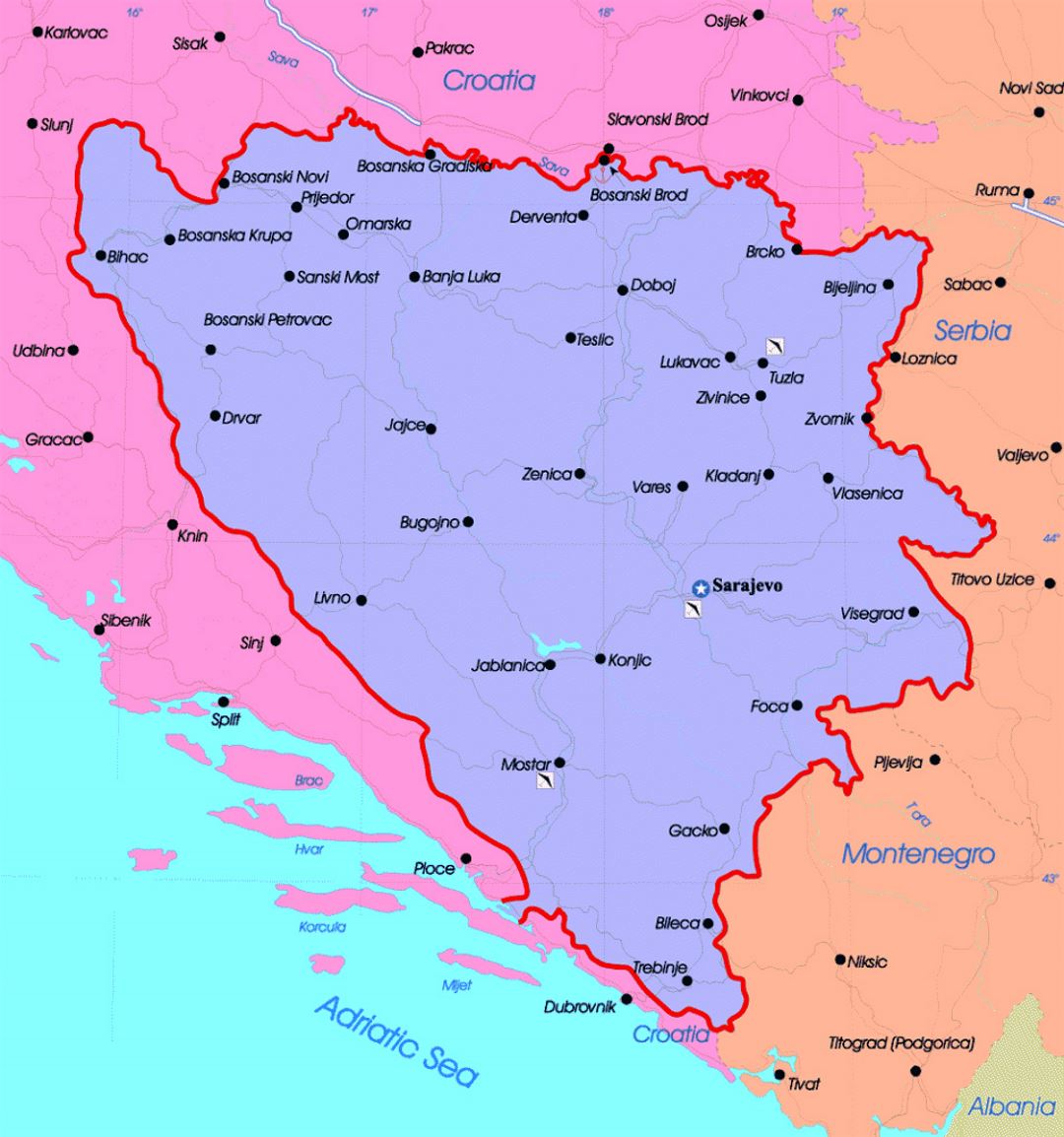 Подробная политическая карта Боснии и Герцеговины с крупными городами и аэропортами