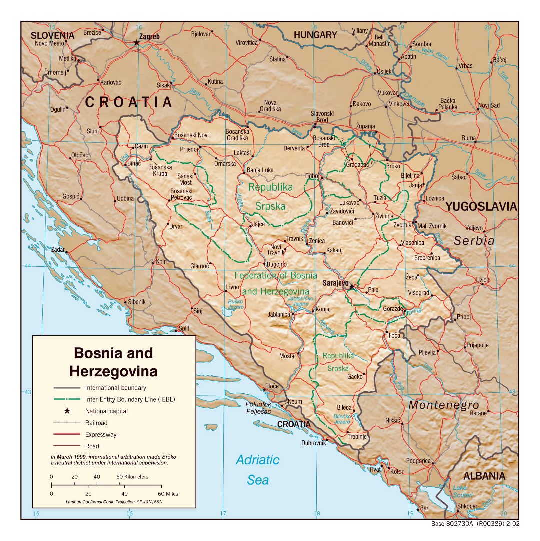 Большая детальная политическая и административная карта Боснии и Герцеговины с рельефом, дорогами и городами - 2002