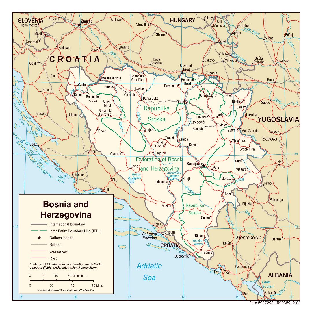 Большая подробная политическая и административная карта Боснии и Герцеговины с дорогами и городами - 2002