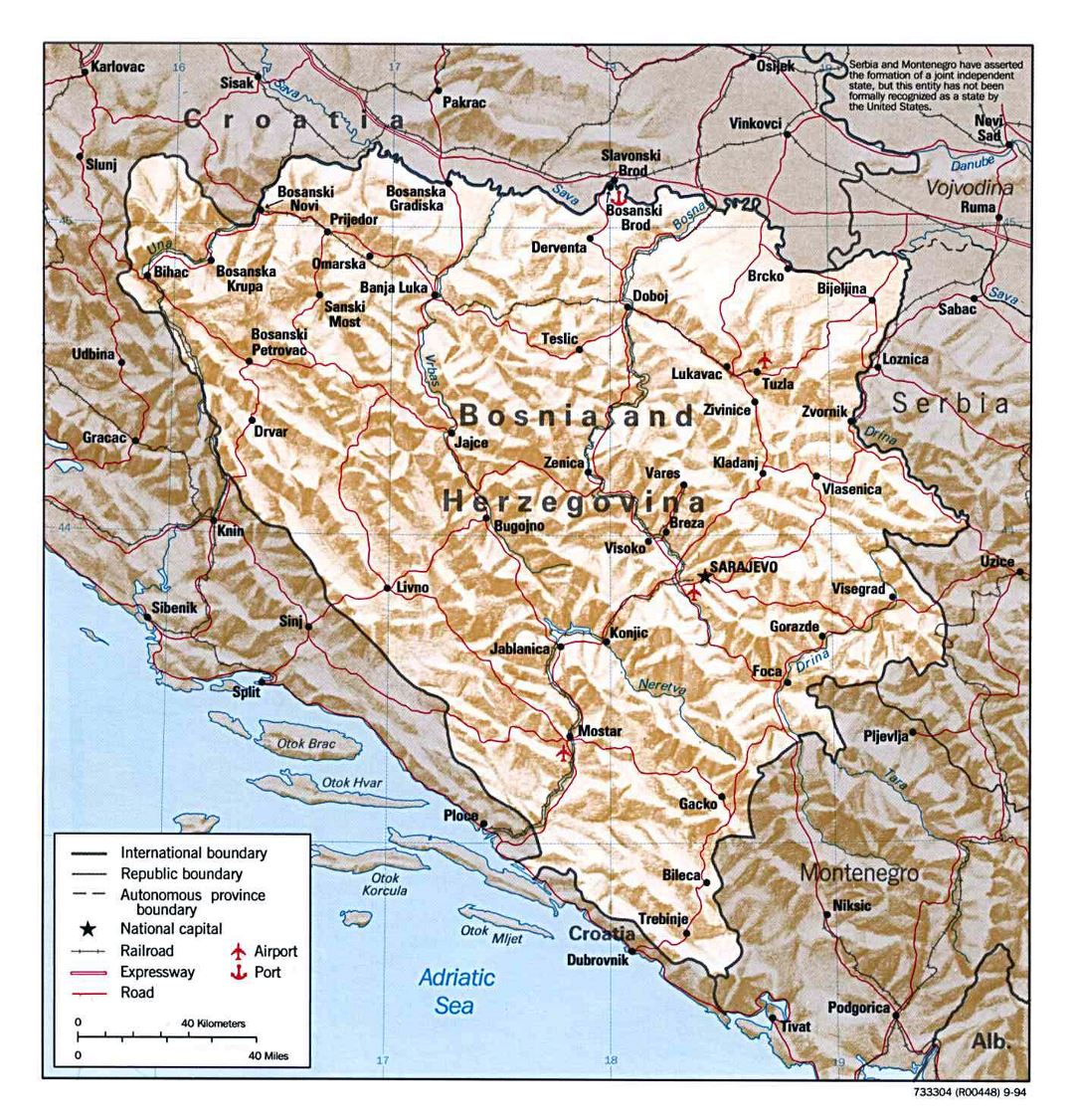 Большая подробная политическая карта Боснии и Герцеговины с рельефом, дорогами, крупными городами и аэропортами - 1994