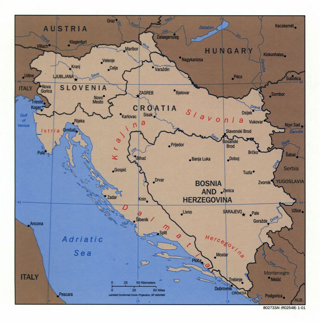 Большая детальная политическая карта Словении, Хорватии и Боснии и Герцеговины с крупными городами