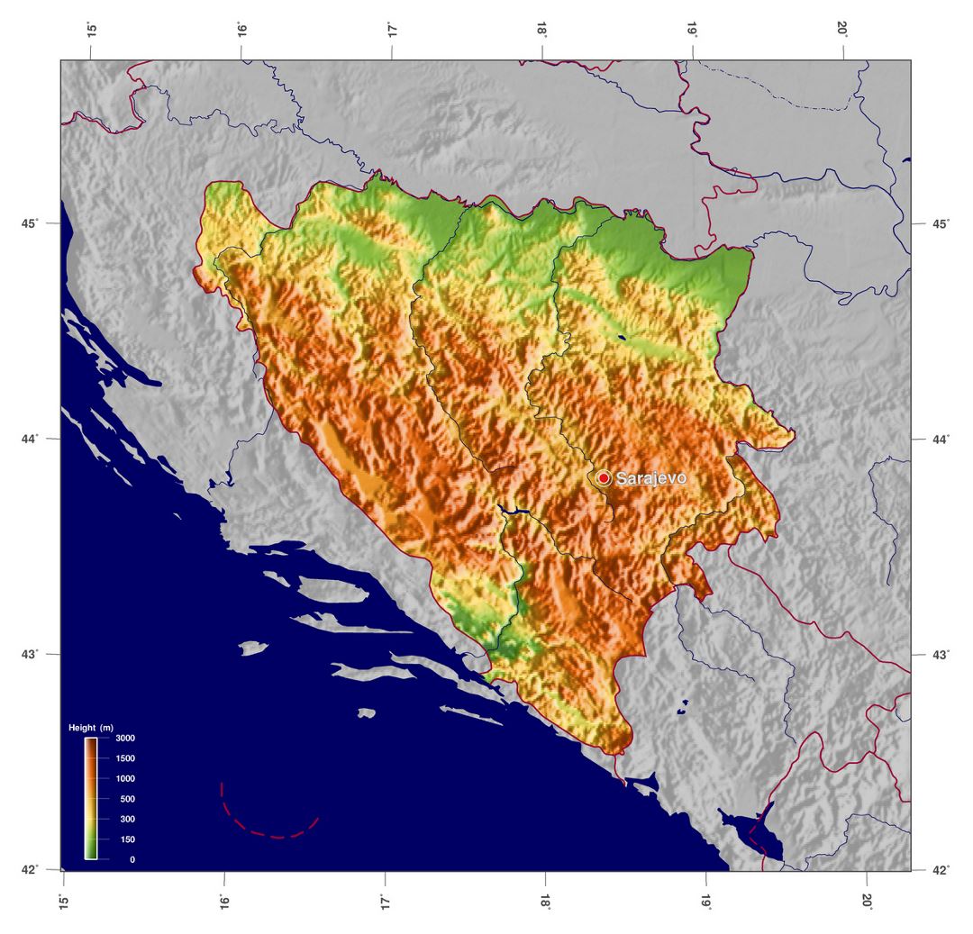 Большая карта высот Боснии и Герцеговины