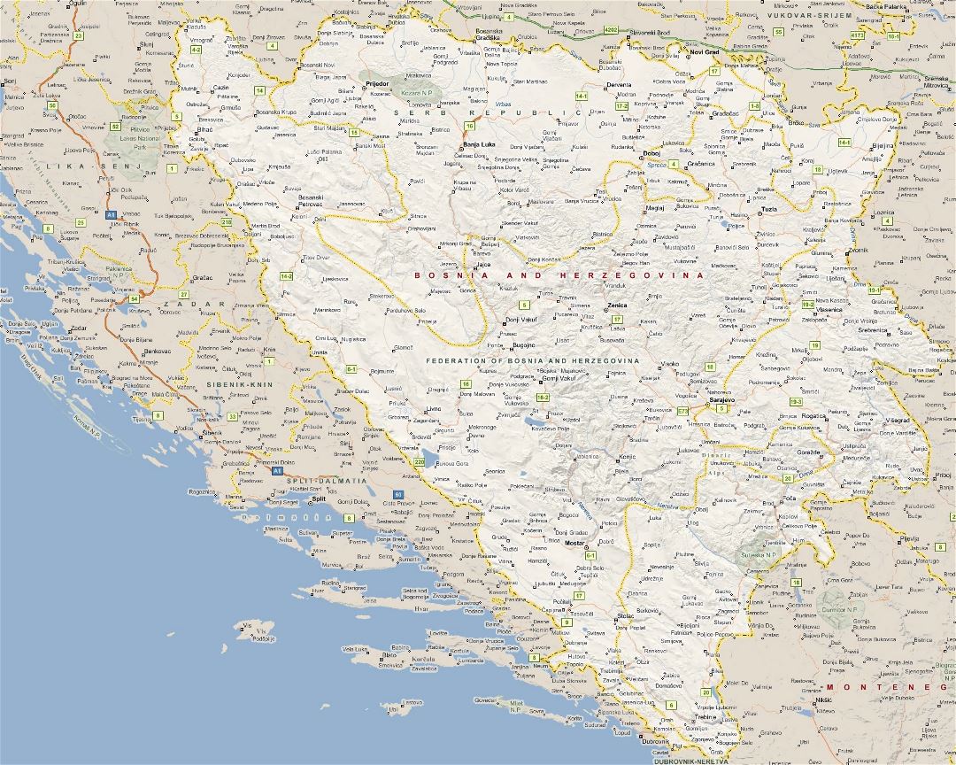 Большая карта Боснии и Герцеговины со всеми городами