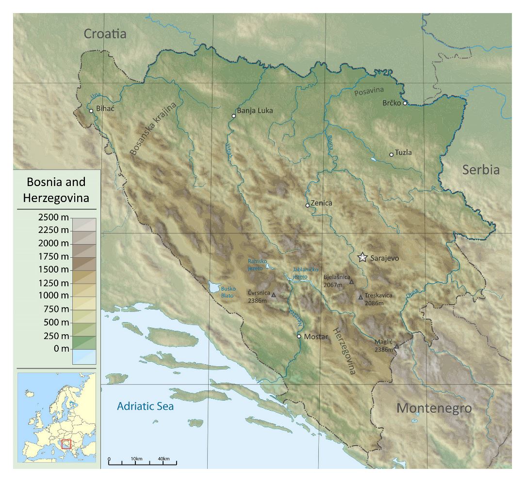 Большая физическая карта Боснии и Герцеговины