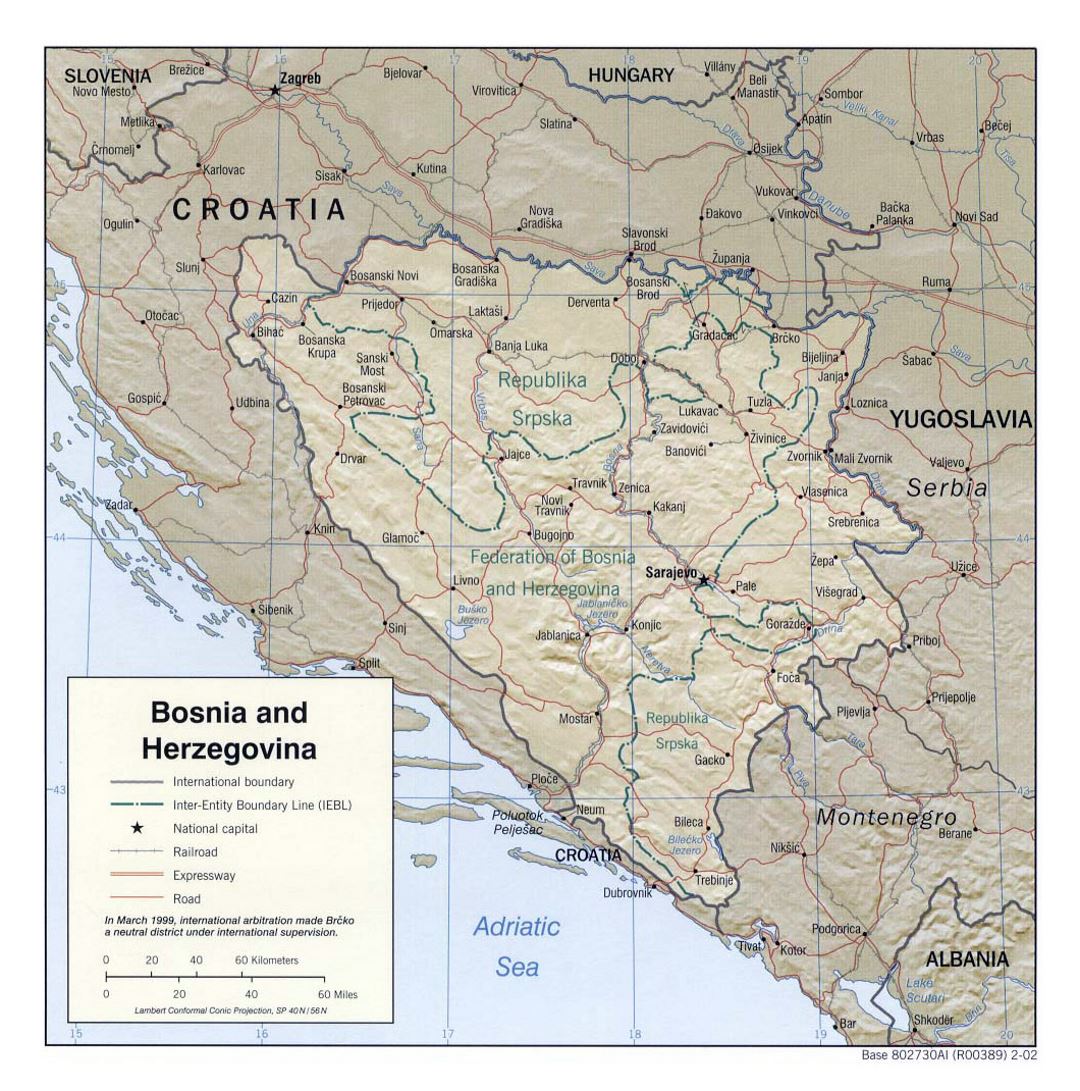 Большая политическая и административная карта Боснии и Герцеговины с рельефом, дорогами и городами - 2002