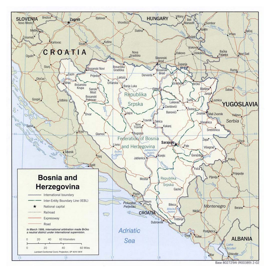 Большая политическая и административная карта Боснии и Герцеговины с дорогами и крупными городами - 2002