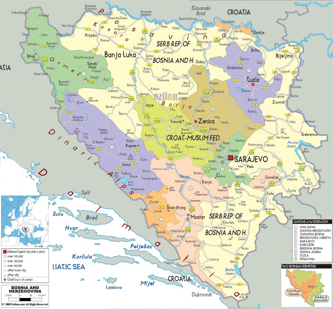Большая политическая и административная карта Боснии и Герцеговины с дорогами, городами и аэропортами