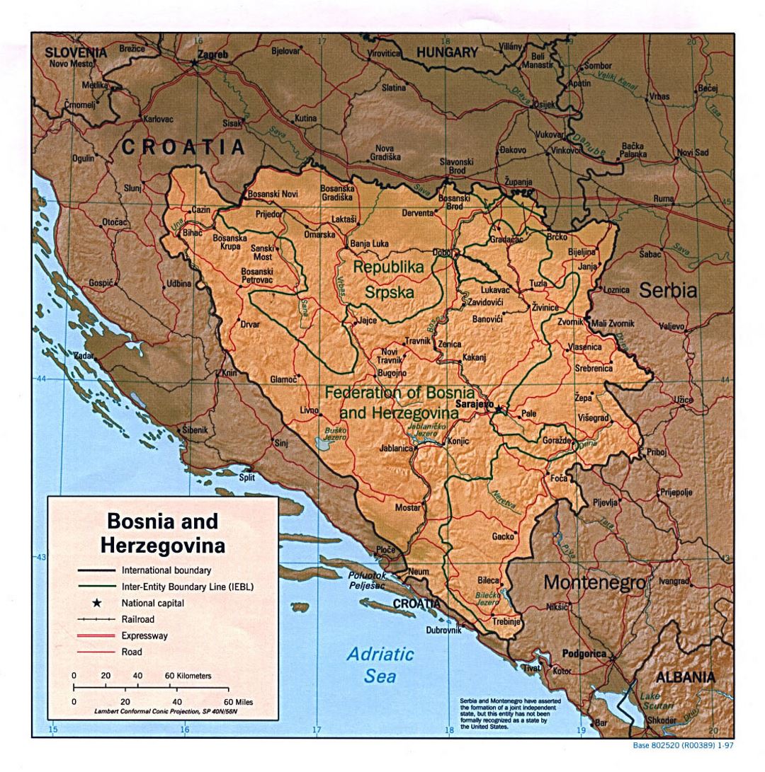 Большая политическая карта Боснии и Герцеговины с рельефом - 1997