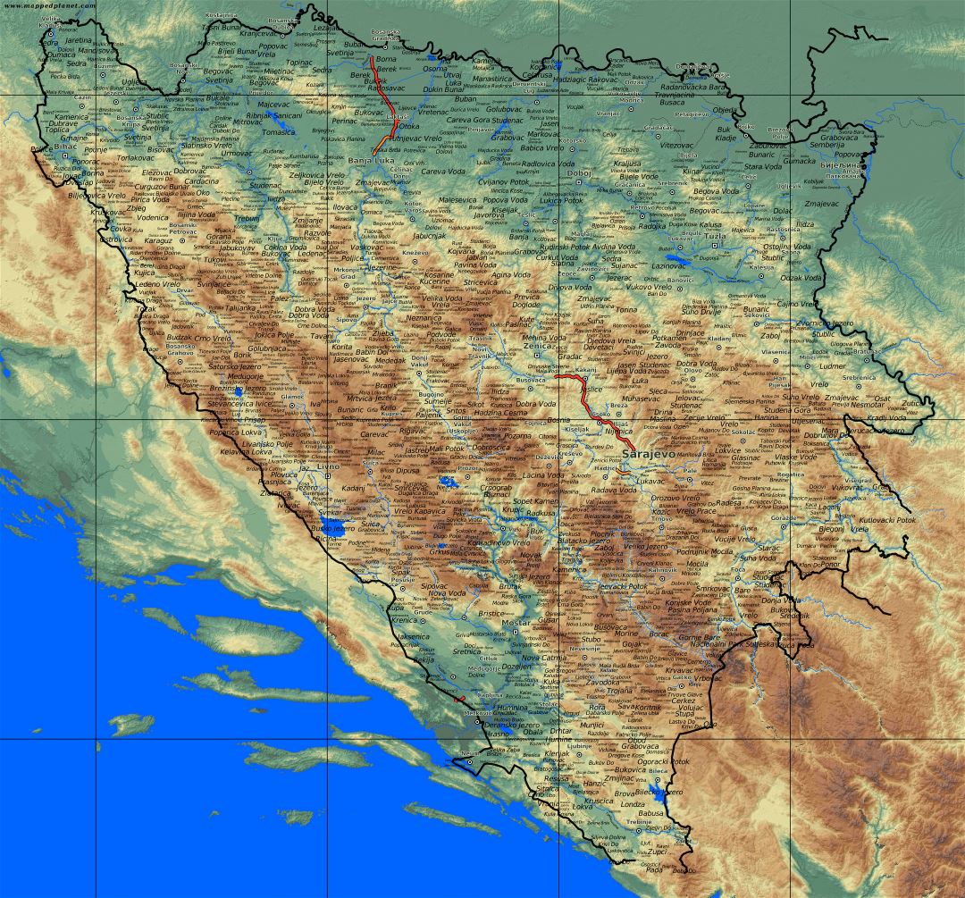 Большая карта рельефа Боснии и Герцеговины со всеми городами и поселками