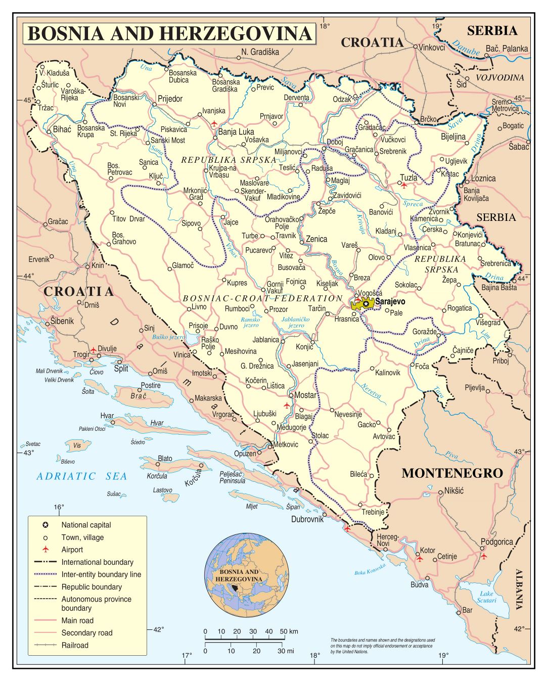 Крупномасштабная политическая и административная карта Боснии и Герцеговины с дорогами, городами и аэропортами