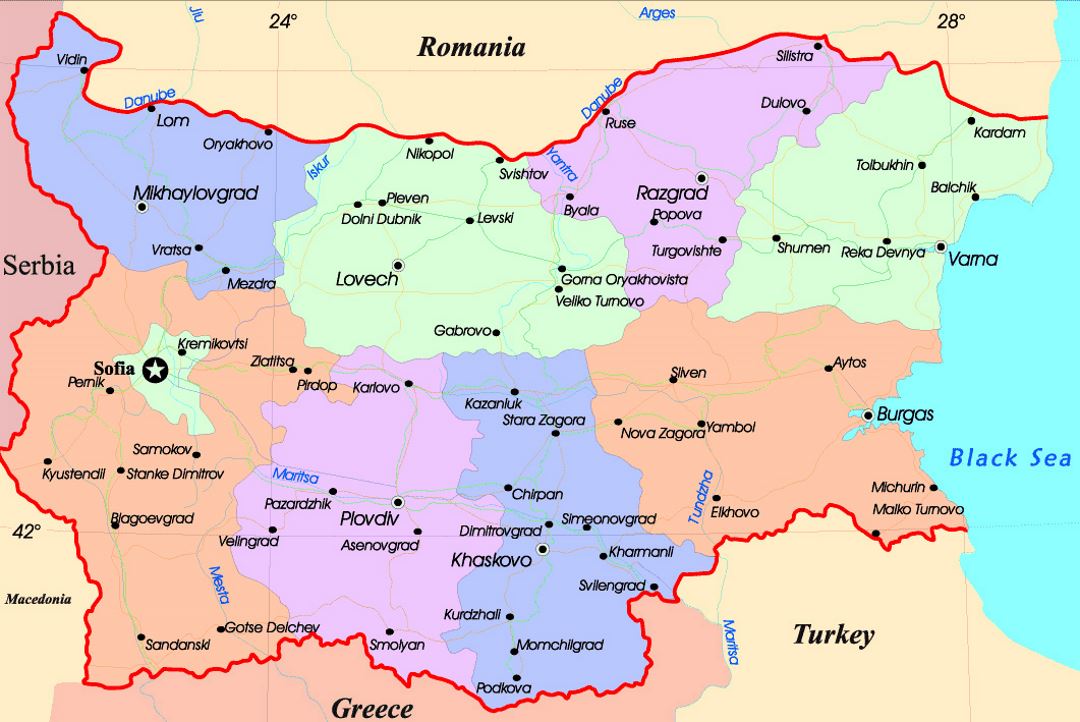 Детальная административная карта Болгарии с дорогами и крупными городами