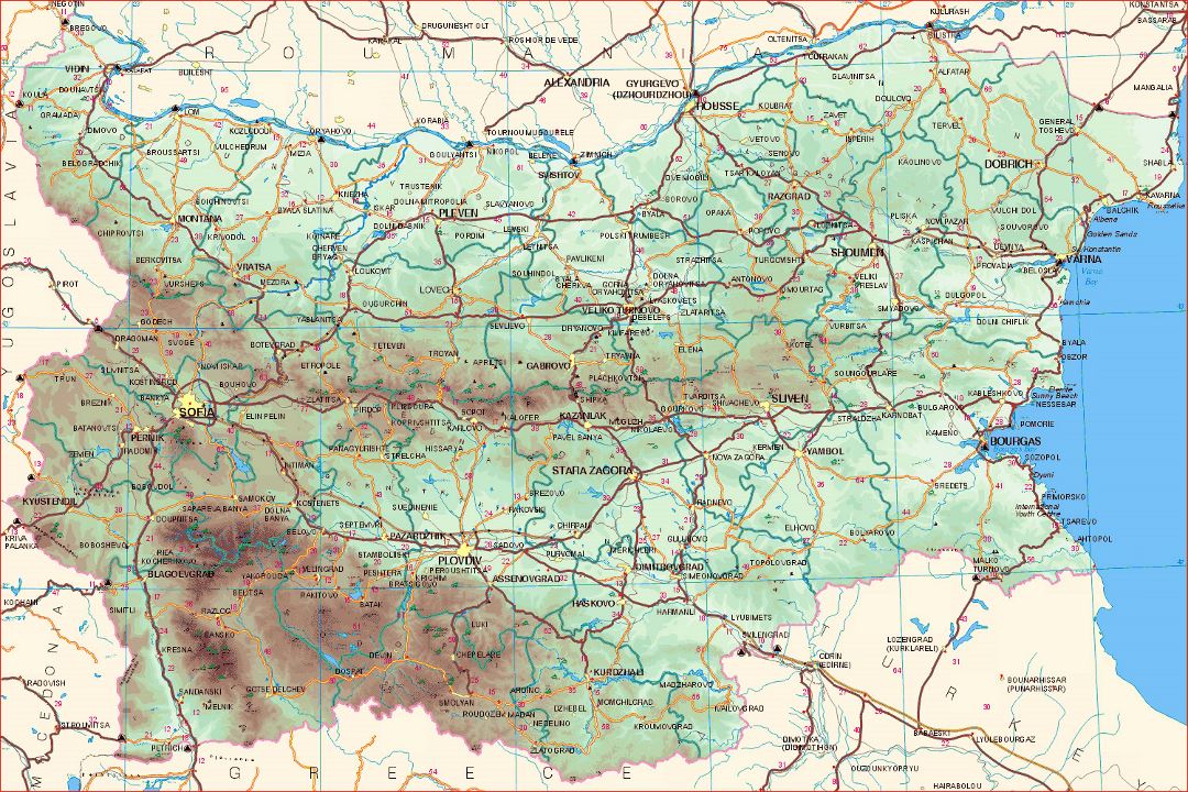 Подробная карта высот Болгарии с дорогами