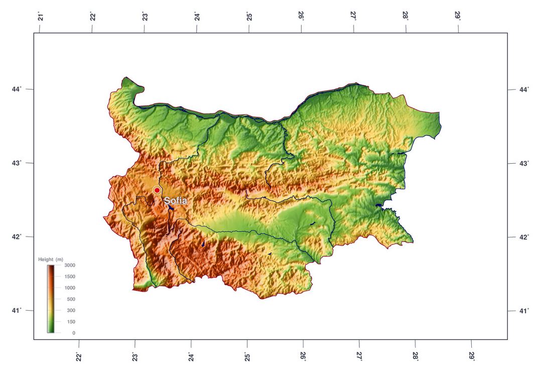 Большая карта высот Болгарии