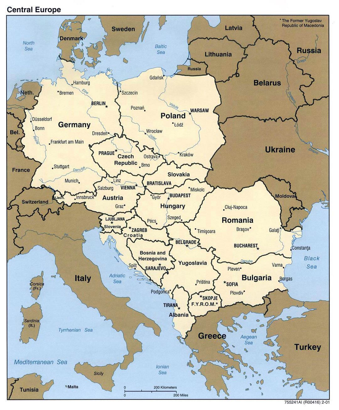 Подробная политическая карта Центральной Европы - 2001