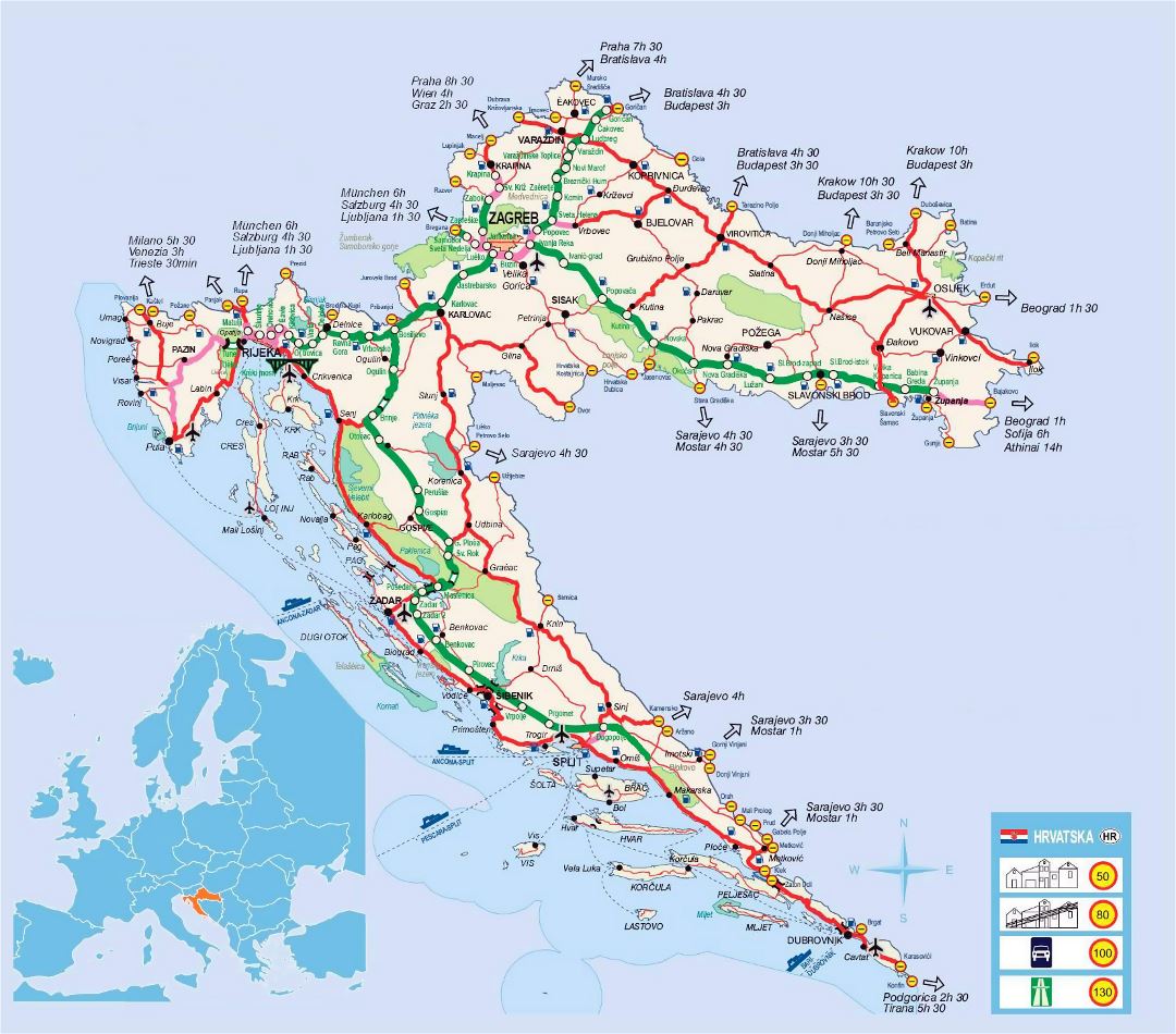 Детальная карта дорог Хорватии