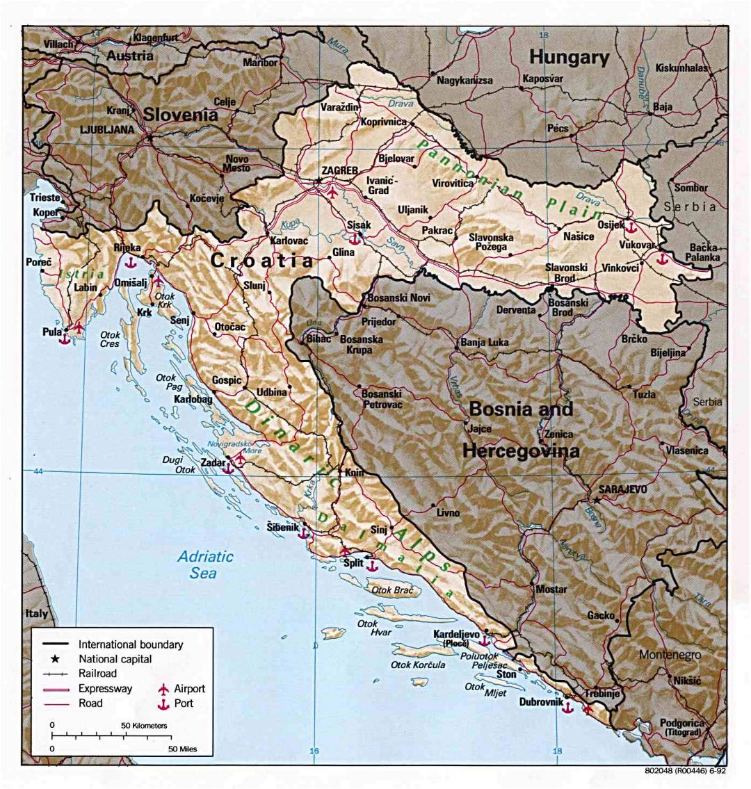 Большая детальная политическая и административная карта Хорватии с рельефом, дорогами, крупными городами, портами и аэропортами - 1992