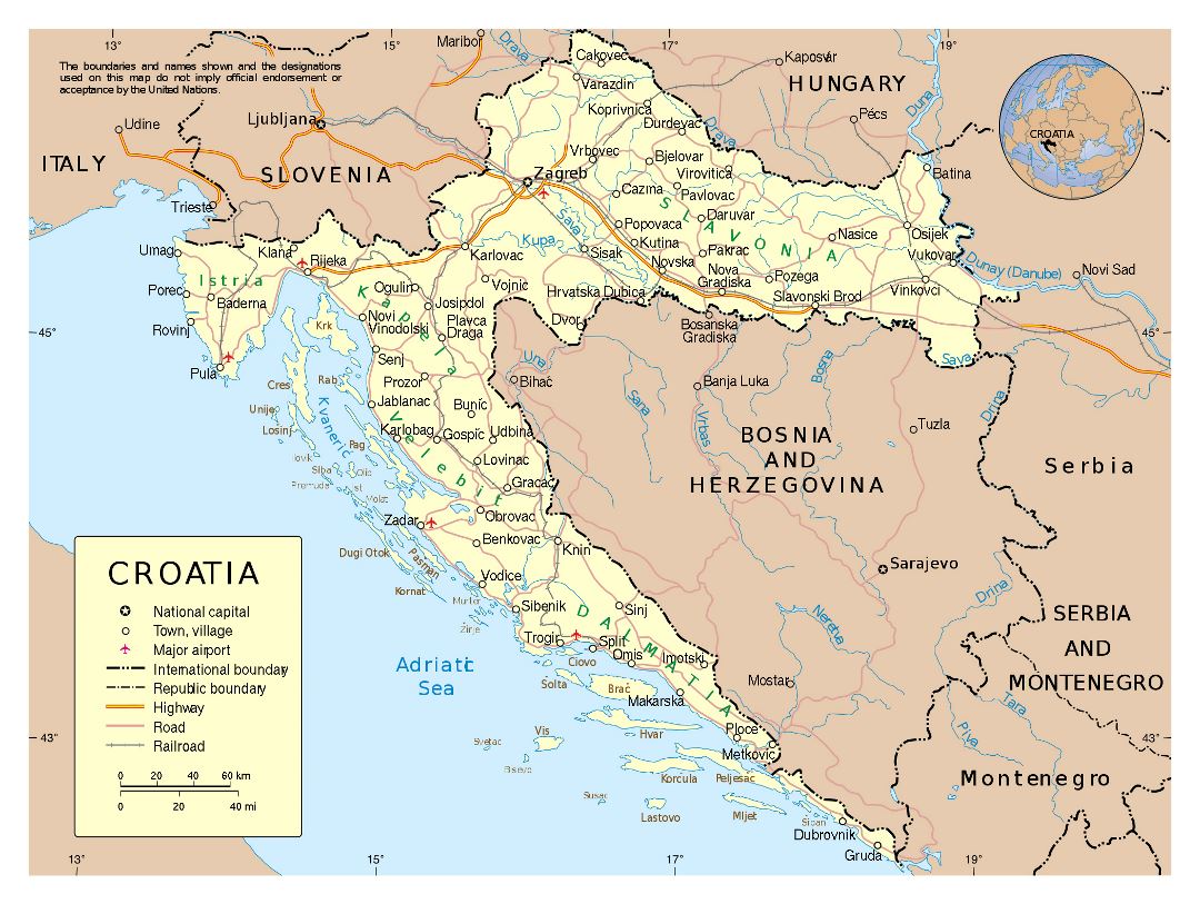 Большая детальная политическая карта Хорватии с дорогами, городами и аэропортами