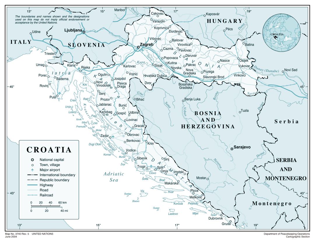 Большая детальная политическая карта Хорватии с дорогами, крупными городами и аэропортами