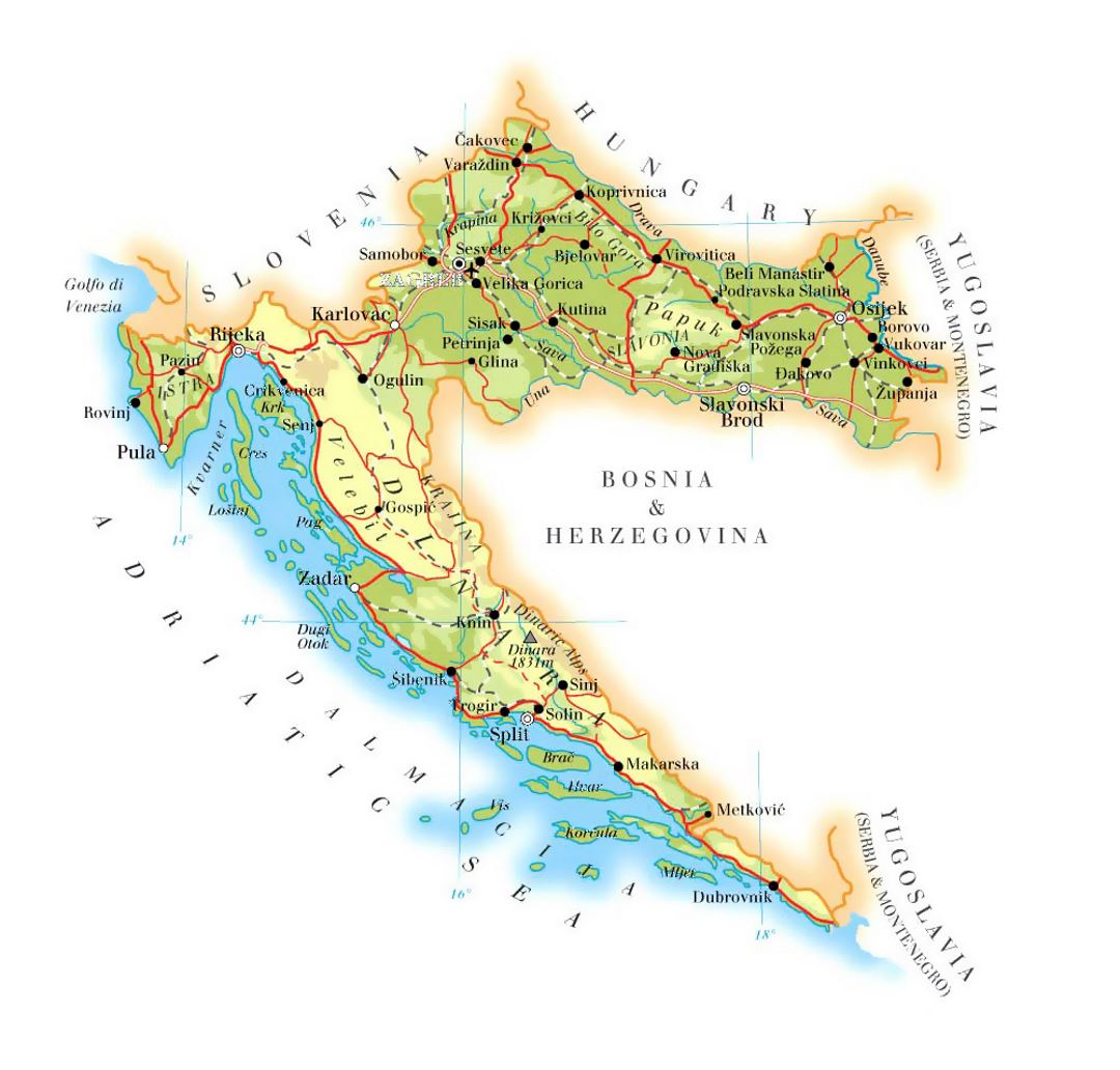Большая карта высот Хорватии с дорогами, городами и аэропортами