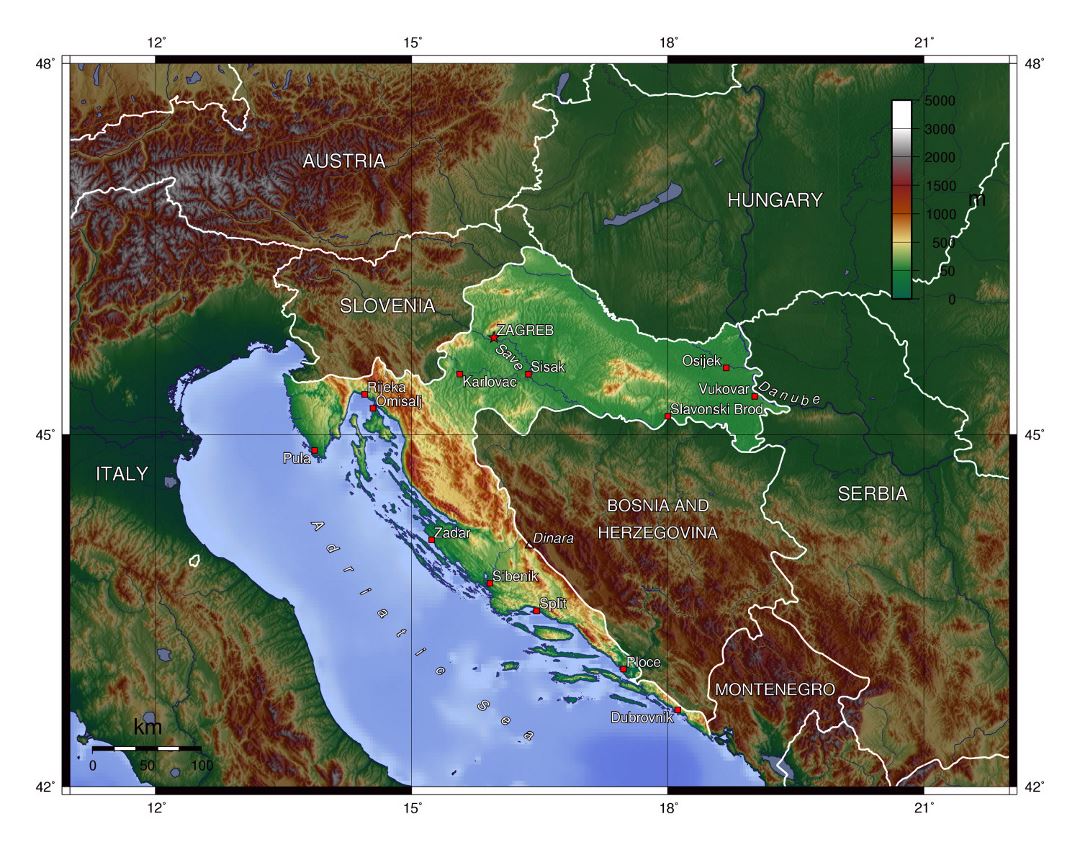 Большая физическая карта Хорватии