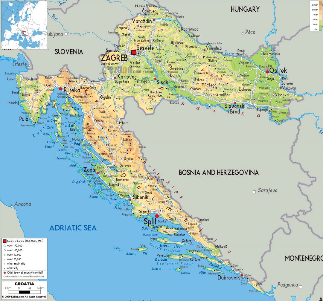 Большая физическая карта Хорватии с дорогами, городами и аэропортами