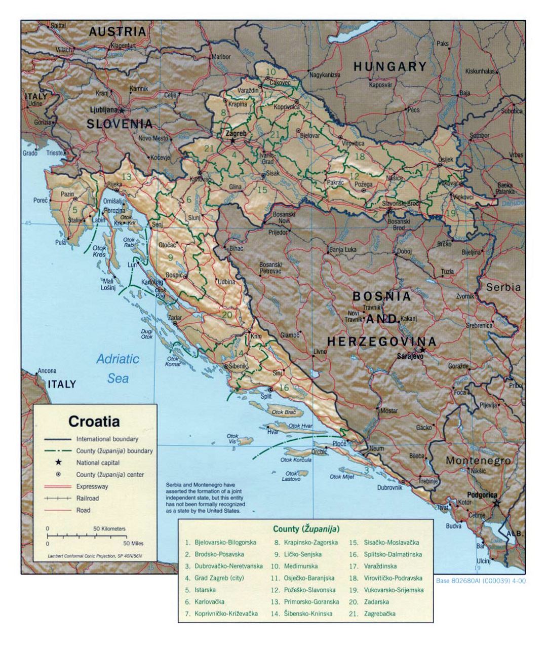 Большая политическая и административная карта Хорватии с рельефом, дорогами и городами - 2000