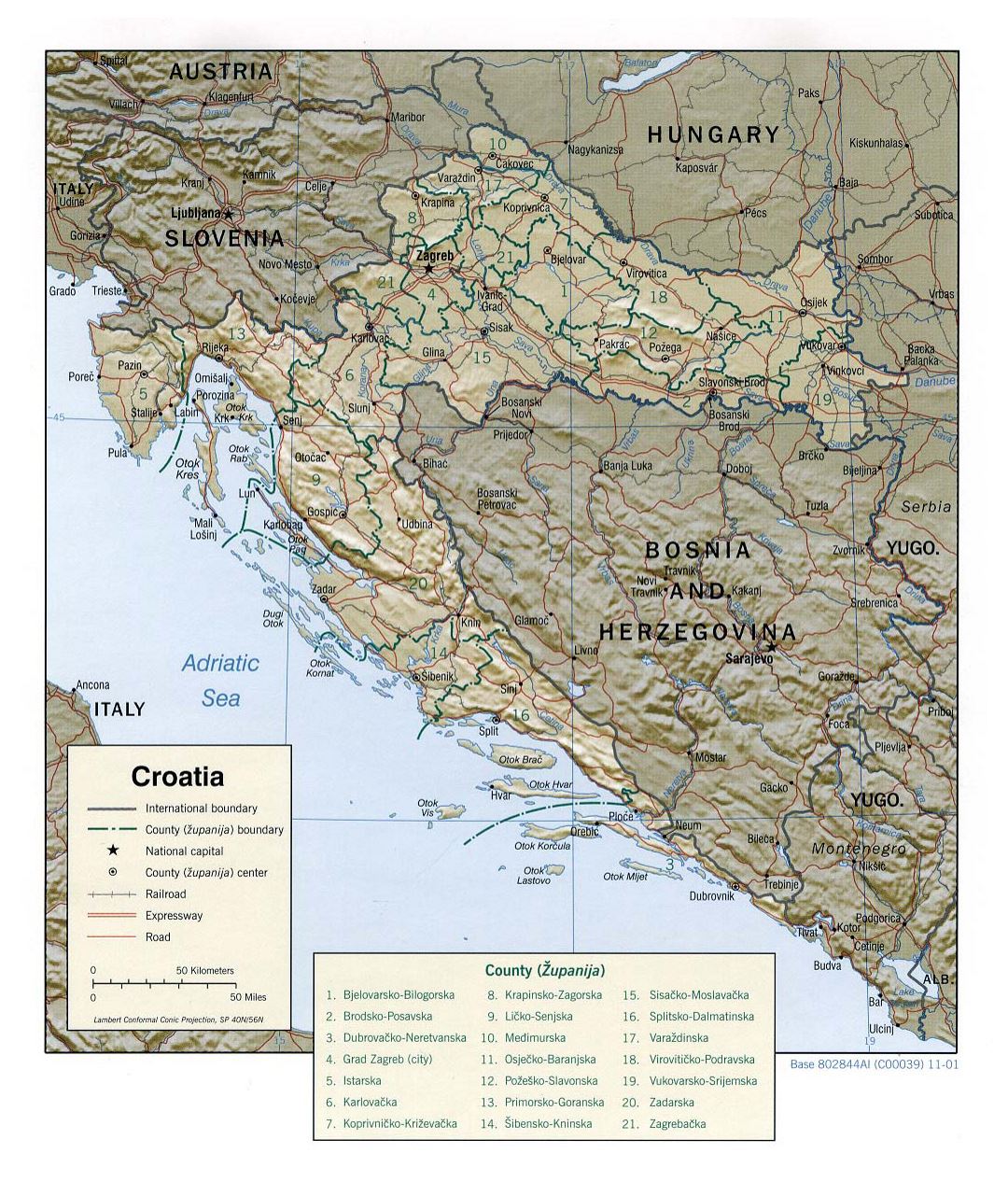 Большая политическая и административная карта Хорватии с рельефом, дорогами и городами - 2001