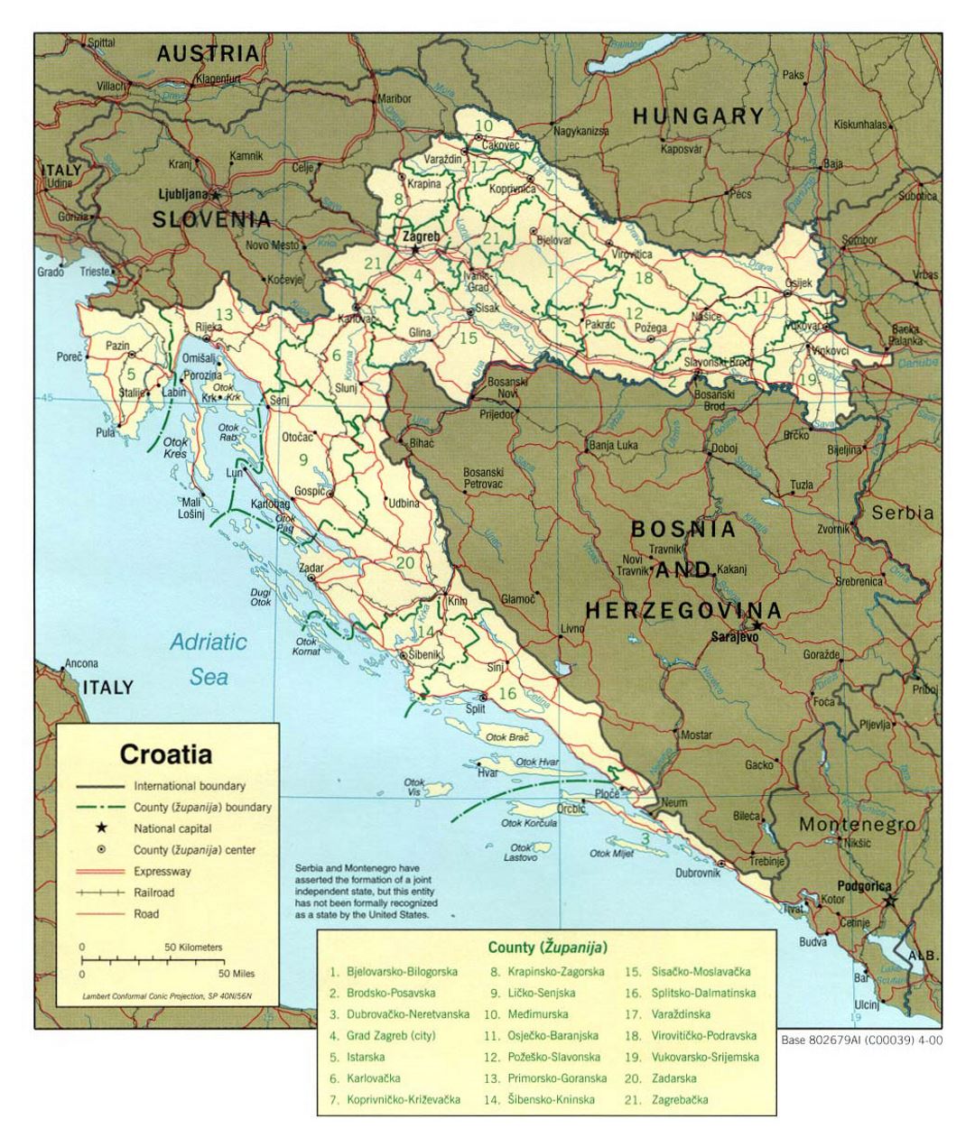 Большая политическая и административная карта Хорватии с дорогами и городами - 2000
