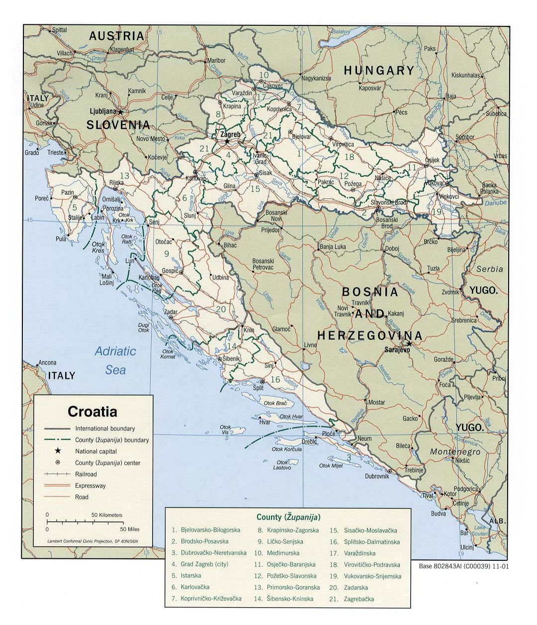 Большая политическая и административная карта Хорватии с дорогами и городами - 2001