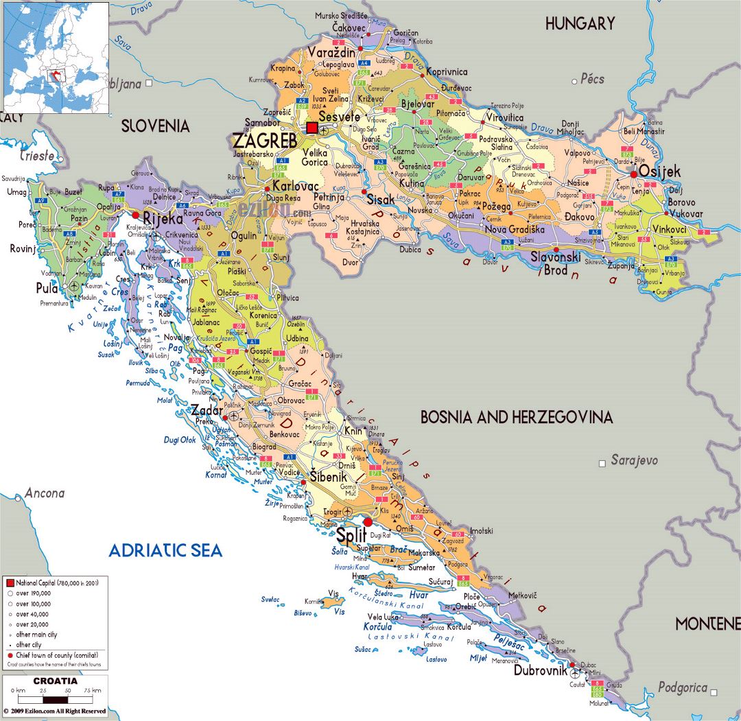 Большая политическая и административная карта Хорватии с дорогами, городами и аэропортами