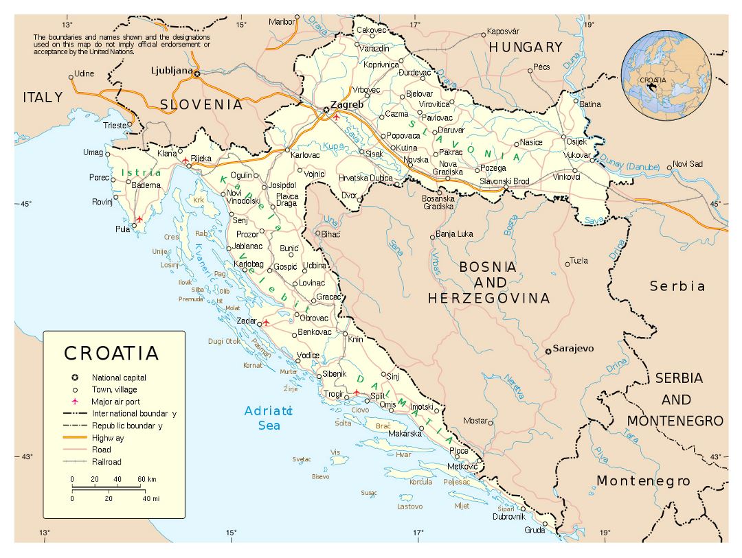 Большая политическая карта Хорватии с дорогами, городами и аэропортами