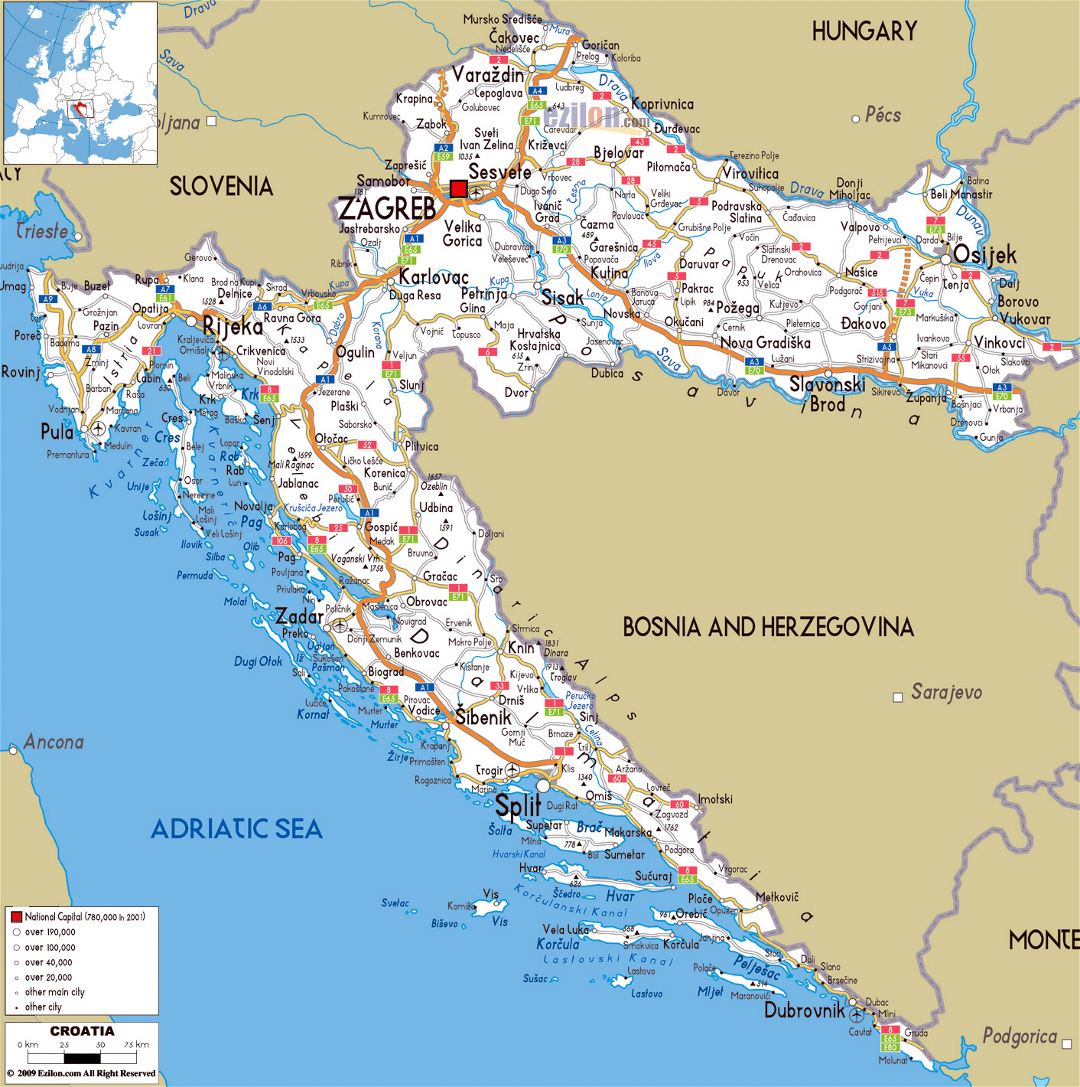Большая карта дорог Хорватии с городами и аэропортами