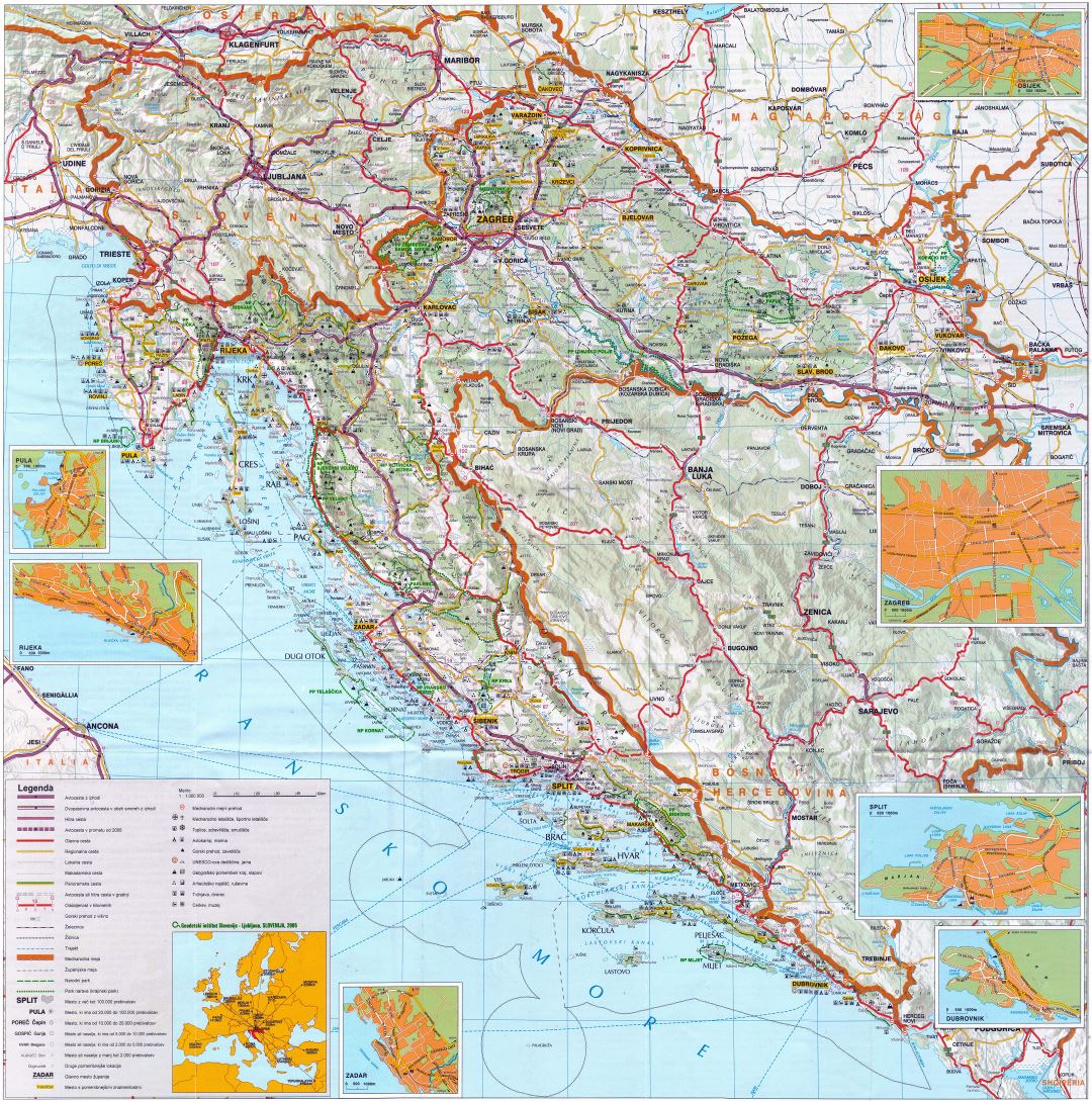 Крупномасштабная детальная карта дорог Хорватии с рельефом и всеми городами