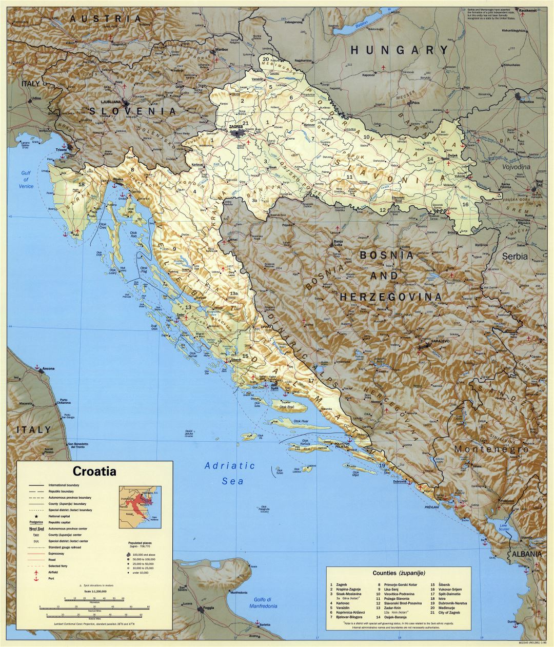 Крупномасштабная политическая и административная карта Хорватии с рельефом, пометками городов, дорог, железных дорог, аэродромов и портов - 1996
