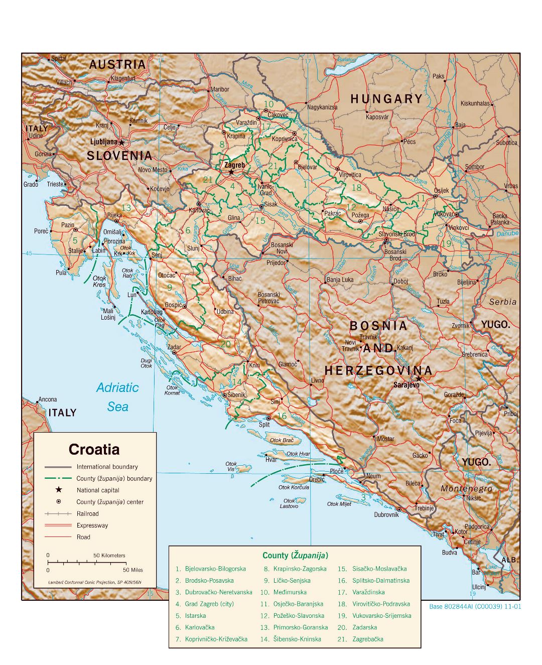 Крупномасштабная политическая и административная карта Хорватии с рельефом, дорогами и городами - 2001