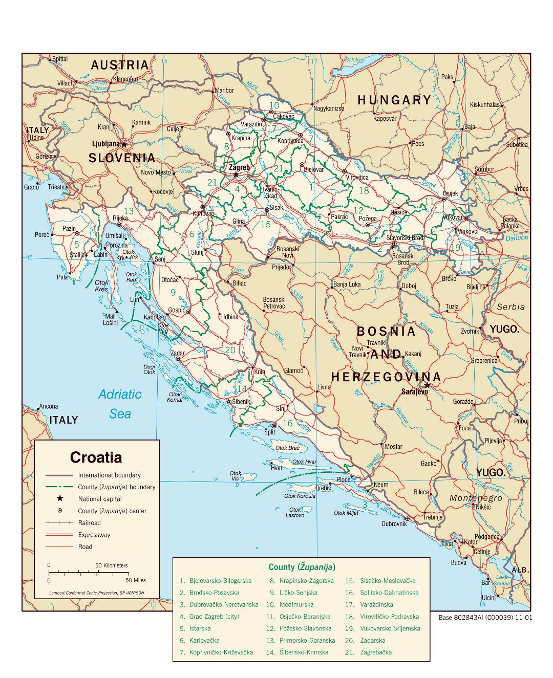 Крупномасштабная политическая и административная карта Хорватии с дорогами и городами - 2001