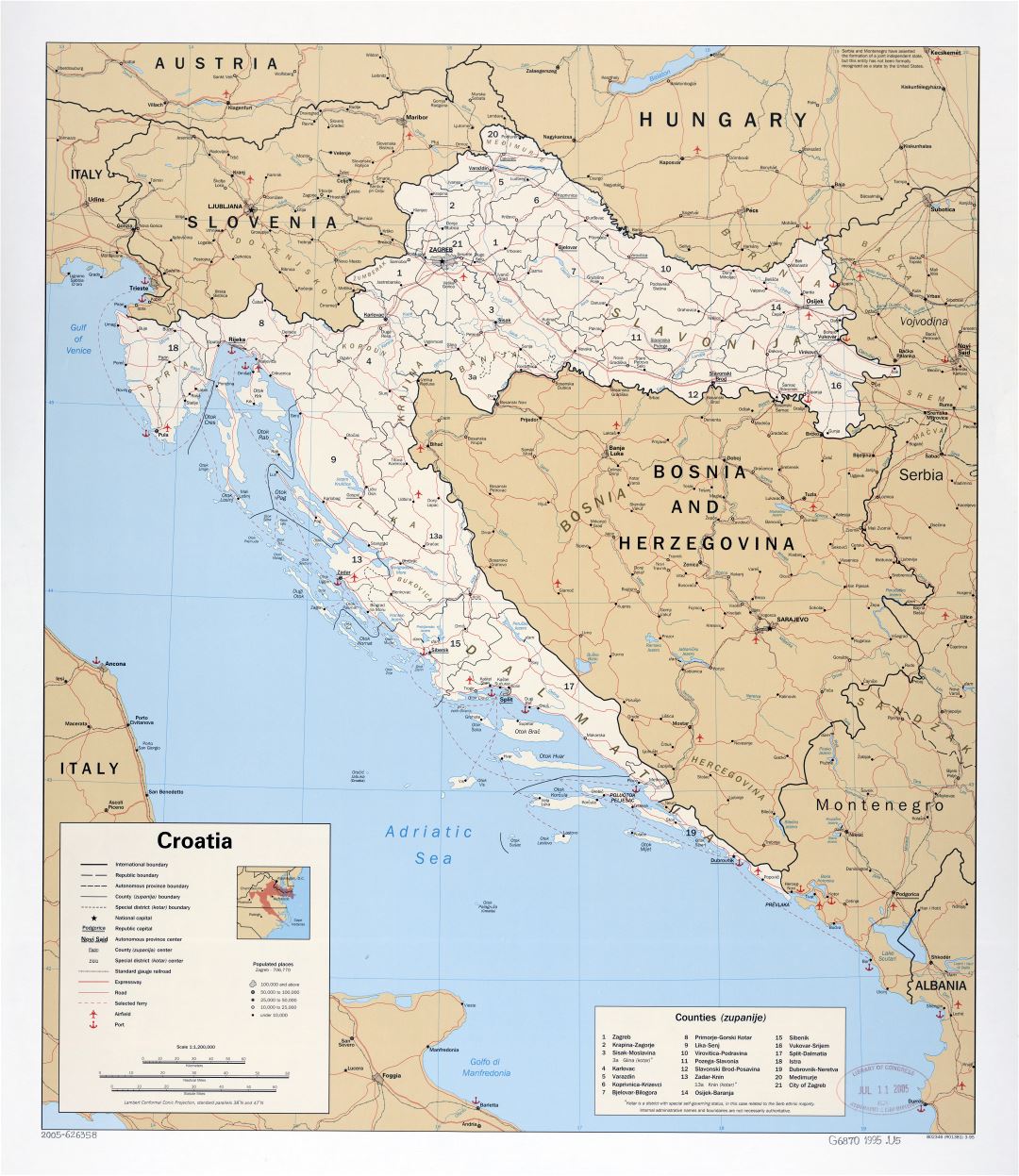 Крупномасштабная политическая и административная карта Хорватии с дорогами, крупными городами, портами и аэропортами - 1995