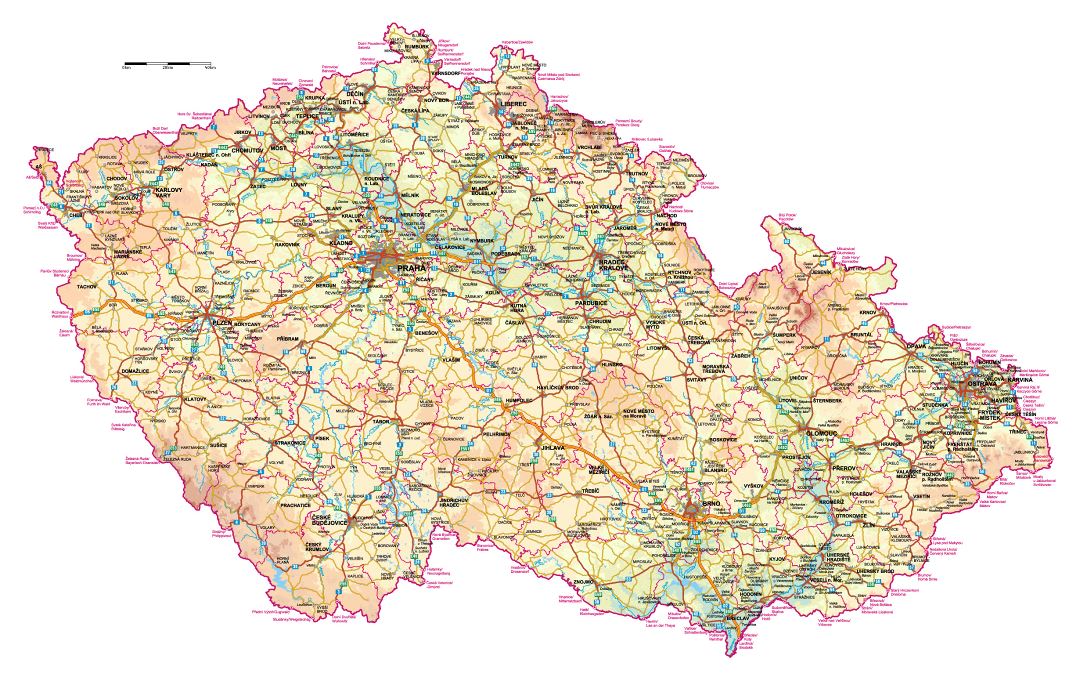 Детальная карта высот Чешской Республики с дорогами и всеми городами